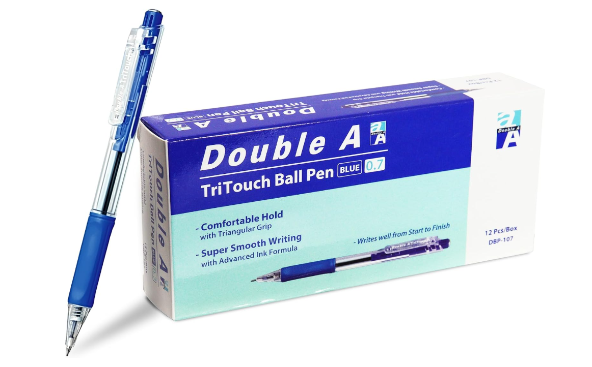 Double A Tri Touch Ball Pen 12-Pieces Set, 0.7 mm Tip Size, Blue