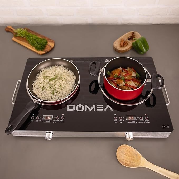 DOMEA Infrared Cooktop, 2 Burner With 4 Preset Functions | A-Grade Micro Crystal Panel With Easy Touch Digital Display, For Fast & Precise Cooking, All Cookwares | Child Safety Lock, 1800W+1800W Power