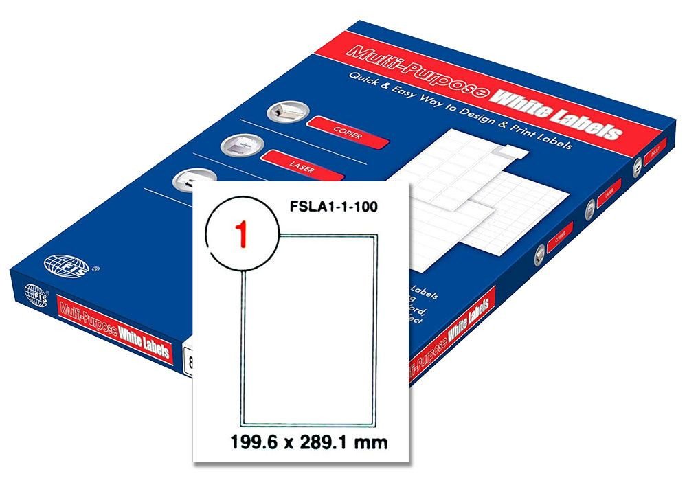 FIS Multipurpose Laser Labels, Colour White, Size 199.6X289.1MM, (1 Sticker x 100 Sheet) A4 Size, E.U. Origin Material - FSLA1-1-100