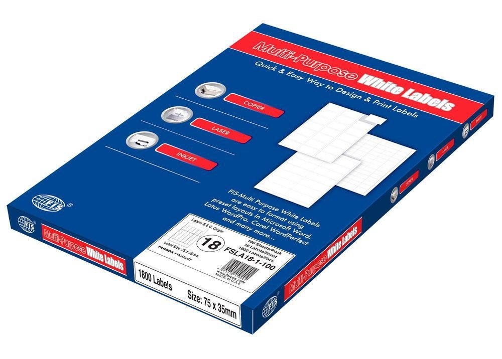 FIS Multipurpose Laser Labels, Colour White, Size 75X35MM, (18 Sticker x 100 Sheet) A4 Size, E.U. Origin Material - FSLA18-1-100