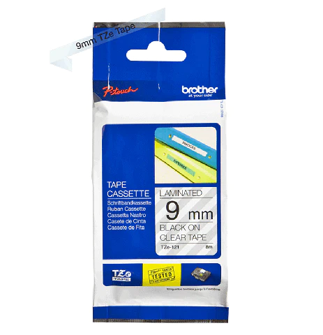 Brother P-touch 9mm TZ-121 Laminated Tape, 8 m, Black on Clear