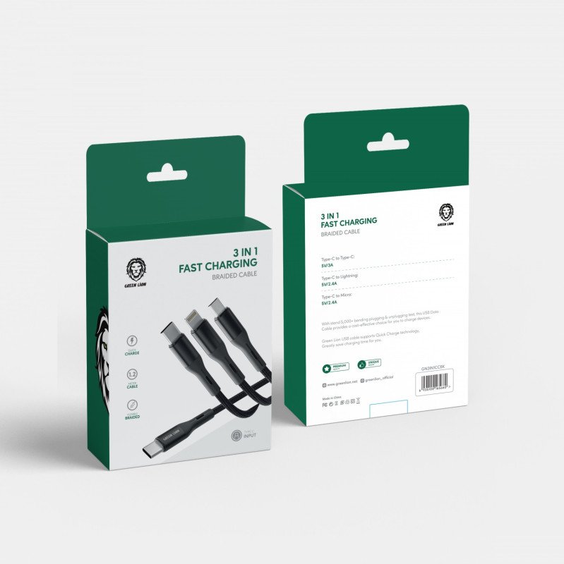 Green 3 in 1 Fast Charging Braided Cable ( USB-C to USB-C 3A / USB-C to Lightning 2.4A / Type-C 2.4A ) - Black