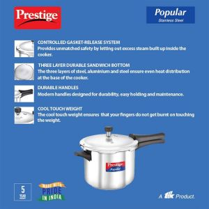 Prestige Popular Sleek & Simple Pressure Cooker - Stainless Steel - Silver - 3 LITER