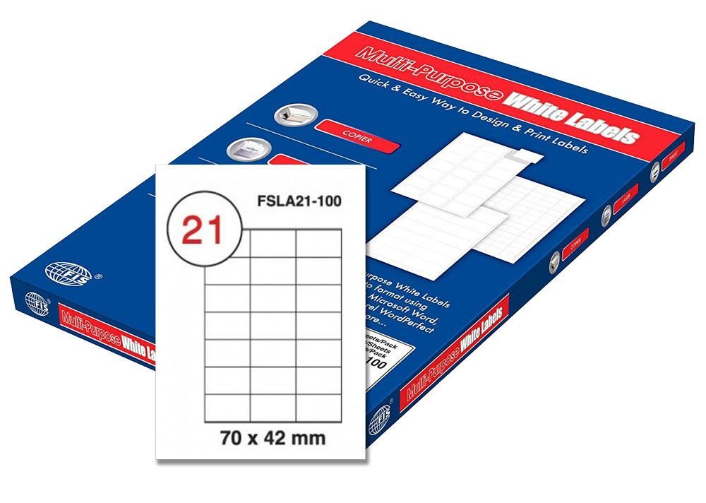 FIS Multipurpose Laser Labels, Colour White, Size 70X42MM, (21 Stickers x 100 Sheet) A4 Size, E.U. Origin Material -FSLA21-100