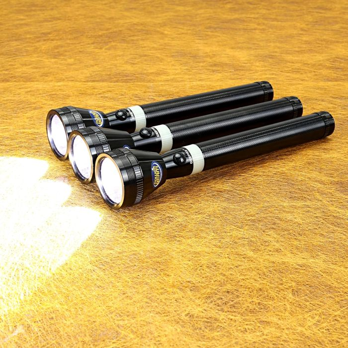 Geepas 3 IN 1 Family Pack Rechargeable Led Flashlight 265MM - Hyper Bright White 2000 Meters Range Portable Torch High Beam LED Flashlight| Pocket Flashlight With Charger, Battery