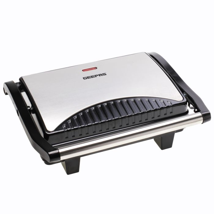Geepas GGM36501UK Stainless Steel Panini Grill Maker With Non-Stick Plates, Cord-Warp For Storage, Drip Tray, Indicator Lights For Power And Ready - 2 Year Warranty
