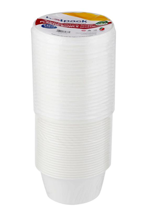 Plastic White Bowl 400ml With Lid 25 Pieces