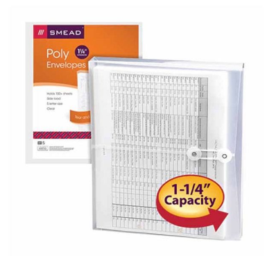 SMEAD POLY ENVELOPE 89521, 1-1-4 EXPANSION, STRING-TIE CLOSURE, SIDE LOAD LETTER, CLEAR 5PCS