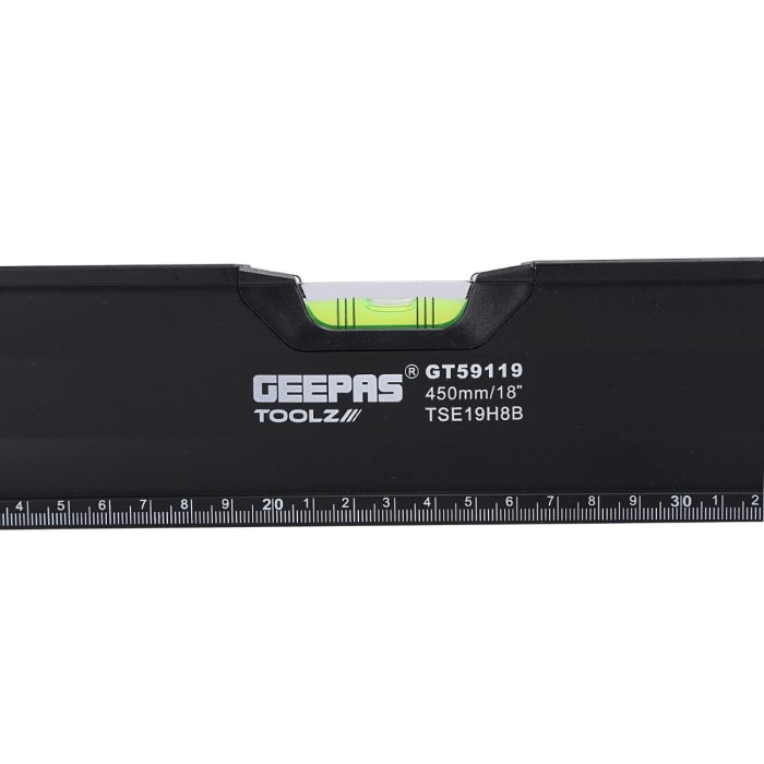 Geepas 18-Inch Spirit Level - Horizontal/Vertical/45-Degree, Measuring Shock Resistant End Caps | Rubberized Hand Grip | Vial Accuracy 0.5mm, Magnetic Edges With Heavy Duty Aluminium Frame
