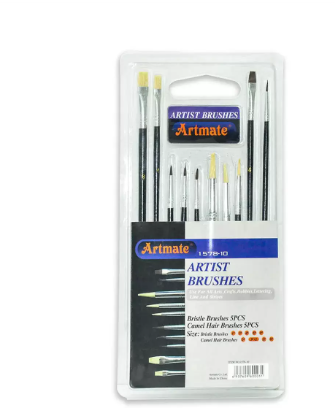 Artmate Artist Brushes (3 Flat & 7 Round Brushes) Assorted Colors - Set Of 10 Pieces - JIAB1578-10