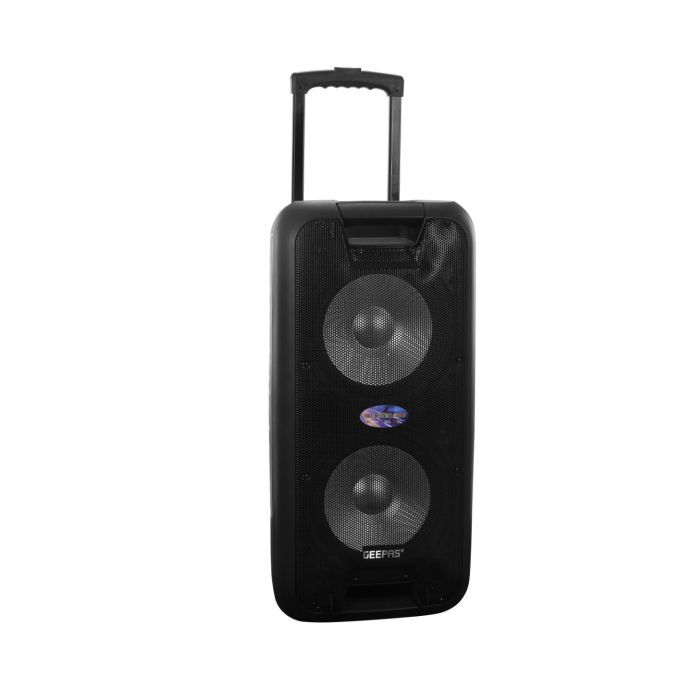 Geepas 10-Inch Trolley Rechargeable Speaker 50000 PMPO- Wireless Microphones, Battery Powered Rechargeable |Portable Dual Woofer With Tweeter With Trolley Handle | 2 Years Warranty