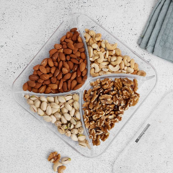 Square Acrylic Candy Tray, 4 Compartment Design, RF10338 | Beautiful Centerpiece With Transparent Lid | Appetizers Food Tray For Dried Fruits, Nuts, Candies, Salad
