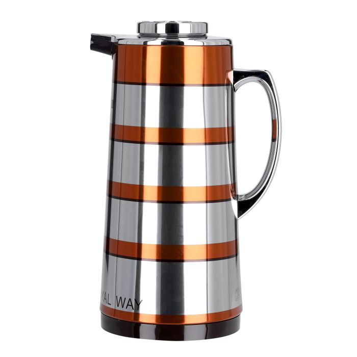 Royalford RF9588 1.3L Double Wall Golden Figured Vacuum Flask - Portable Heat Insulated Thermos For Keeping Hot/Cold 24 & 36 Hours Retention | Push Button | Coffee, Hot Water, Tea, Beverage | Ideal Fo