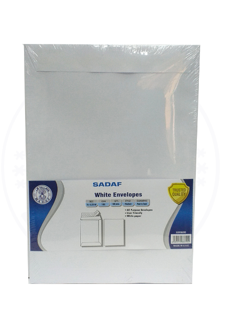 SADAF ENVELOPES 100GSM WHITE POCKET 9X12.75-A4 (1X50/PKT)