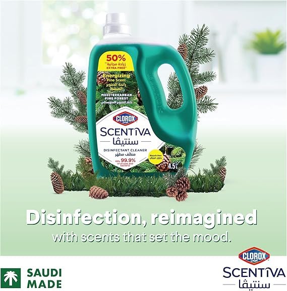 Clorox Scentiva Disinfectant Floor Cleaner 4.5L, Mediterranean Pine Forest, Kills 99.9% of Viruses and Bacteria, Bleach Free