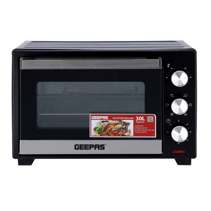 Geepas GO34045 30L Electric Kitchen Oven - Powerful 1600W With Crumb Tray, 60 Minutes Timer & Rotisserie & Convection Function | 6 Selectors For Baking & Grilling | 4 Accessories Included