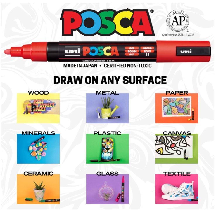 POSCA 8 Paint Markers, Fine Tip, Assorted Colors, Reversible Bullet Tips (0.9mm & 1.3mm)