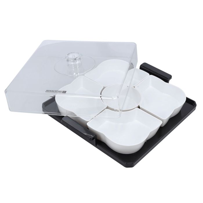 Square Acrylic Candy Tray, Beautiful Centrepiece, RF10339 | 5 Compartment Design With Transparent Lid | Food Tray For Dried Fruits, Nuts, Candies, Fruits Salad