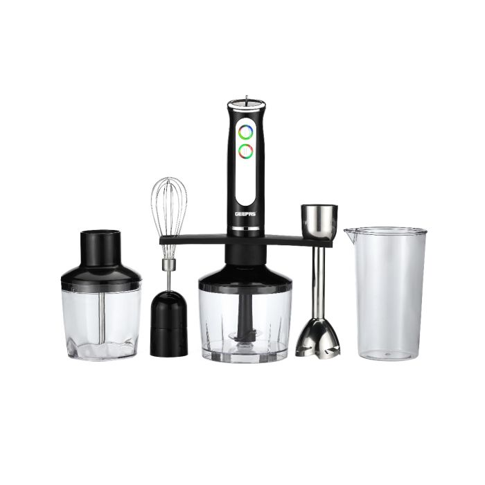 Geepas 5-In-1 Hand Blender - Portable Led Indicators |Chopper / Food Processor | Whisk |2 Speeds With 8 Variable Speeds, Stainless Steel Blade | Perfect Smoothies And Grinding Coffee| 2 Year Warranty