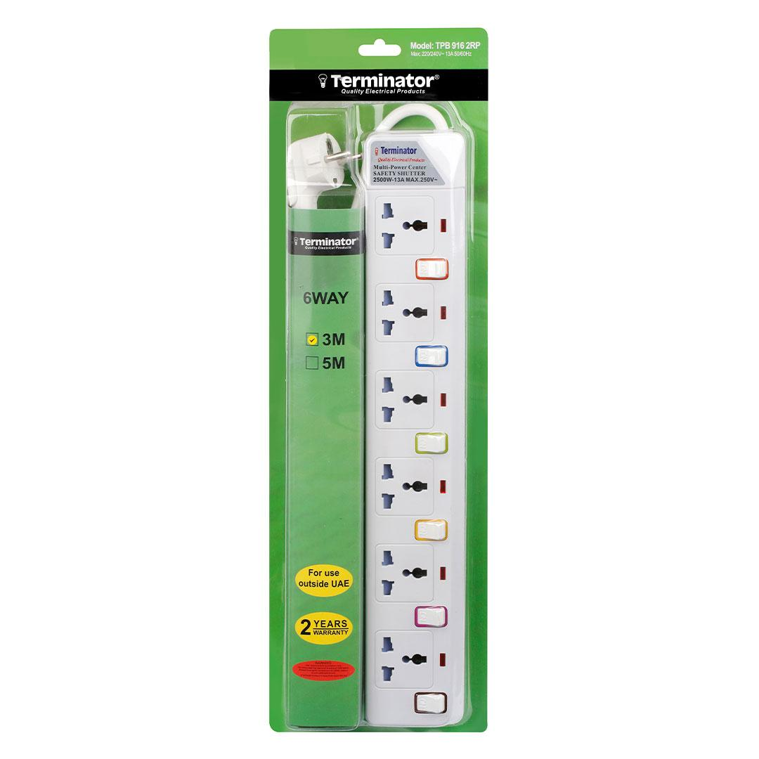 6 Way Universal Power Extension Socket With Individual Switches & Indicators 3M Suchko Plug