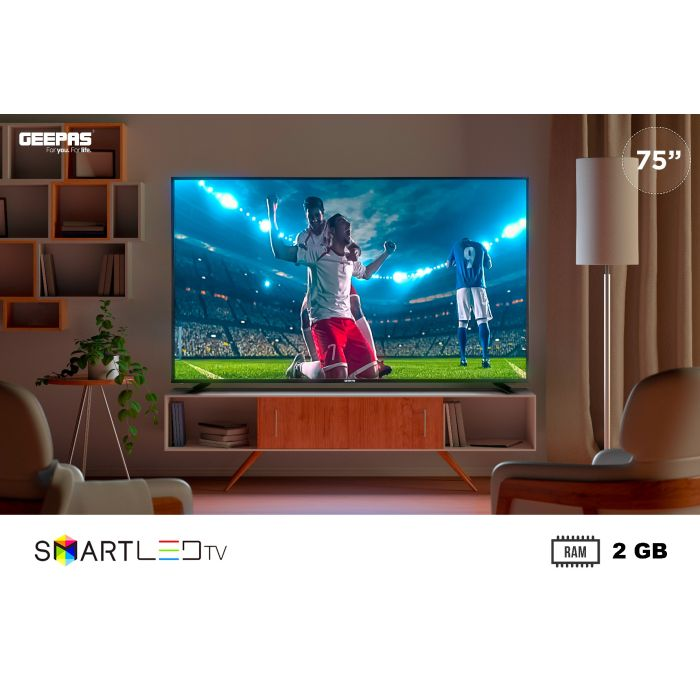 Geepas GLED7520SEUHD 75" Smart LED TV - Mirror Cast, 3.5mm, 3 HDMI & 2 USB Ports |2GB Ram, Wifi, Android 9.0 With E-Share | Comes Application Like Youtube, Netflix, Amazon Prime | 1 Years Warranty