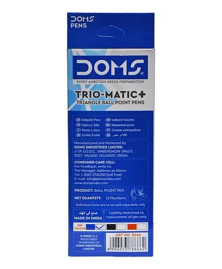 Doms Trio-Matic+ Fine Point Ball Pens, 0.6mm Tip, Blue Triangle (12 piece of Pack)