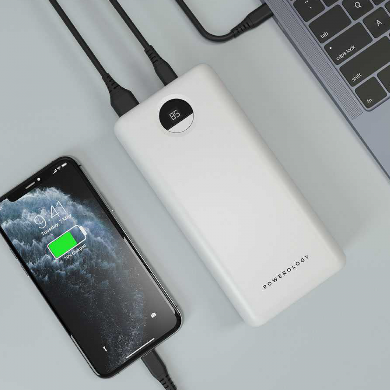 Powerology Quick Charge Power Bank 30000mAh PD 45W with Type-C to Type-C Cable 0.9M - White