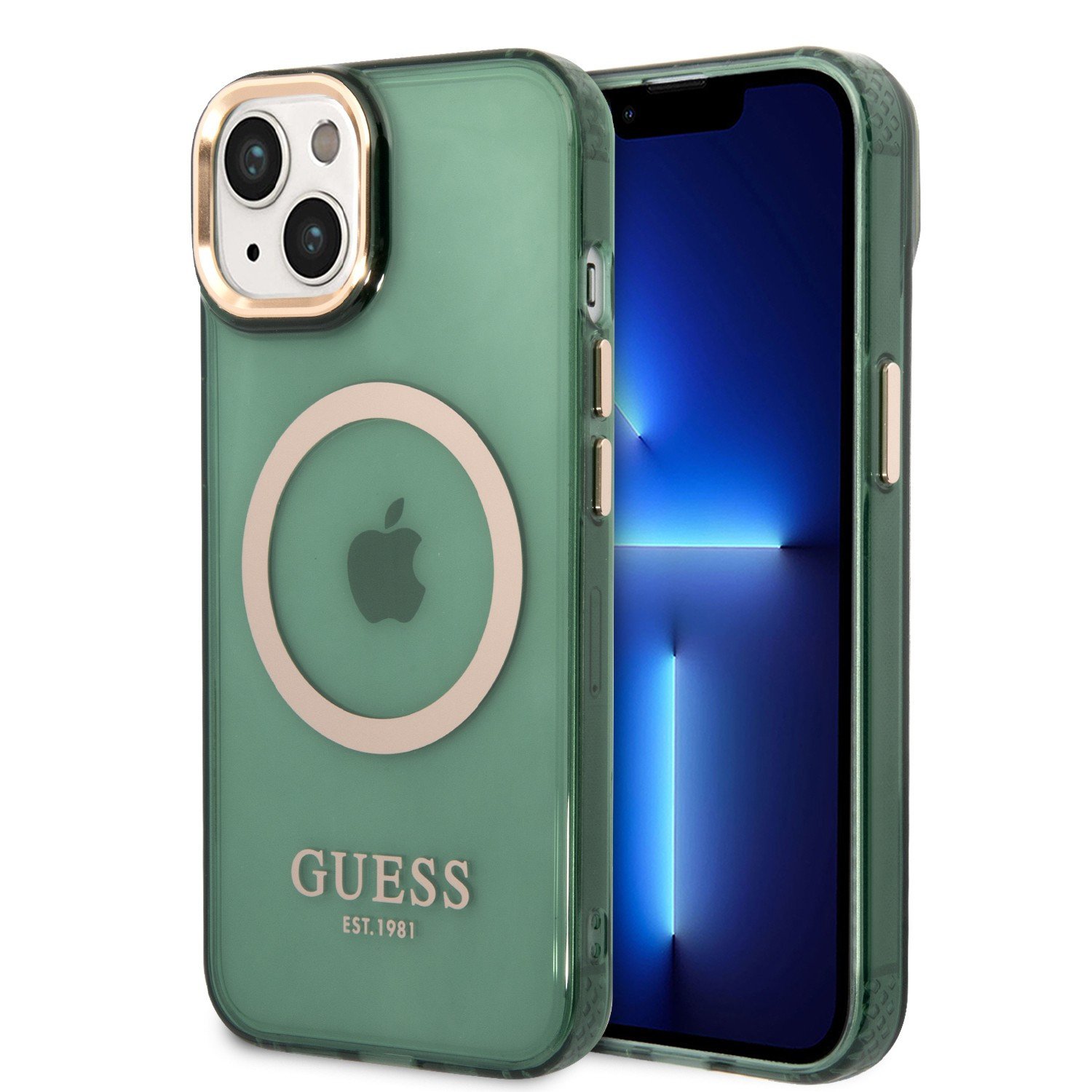Guess Magsafe Case With Translucent Gold Outline For iPhone 14 - Kaki