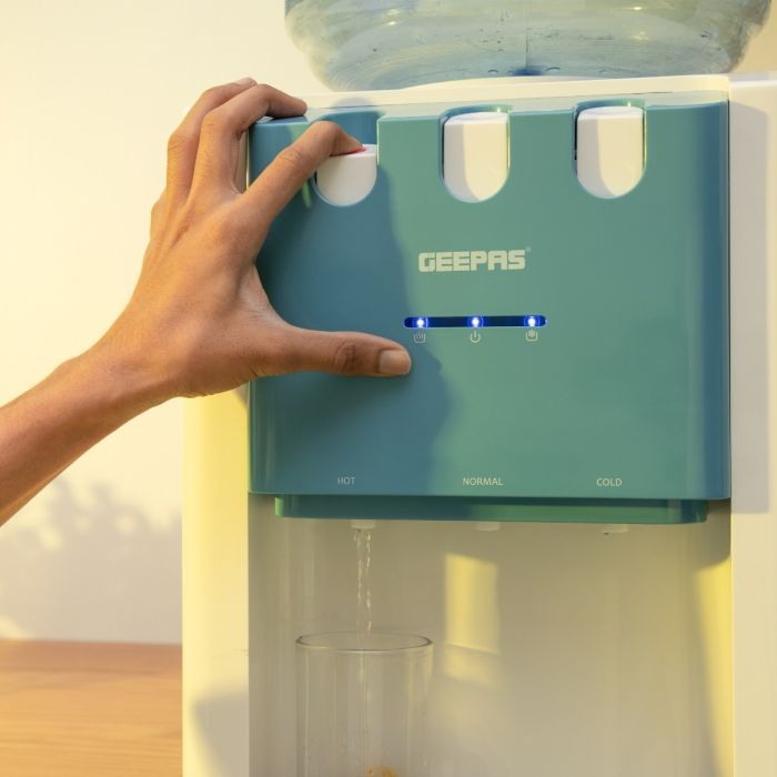 Geepas Water Dispenser - Hot & Cold Water Dispenser - Stainless Steel Tank, Compressor Cooling System, Child Lock - 2 Tap - 2 In 1 Water Dispenser - 1L Hot And 2.8L Cold Water Capacity