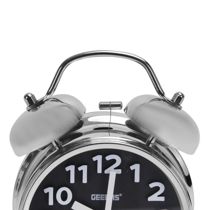 Geepas Twin Bell Alarm Clock - Portable, Lod Classic Analogue Alarm Clock With Backlight | Chrome Silver Body With Glass Lens | Round Twin Bell Clock With Step Movement