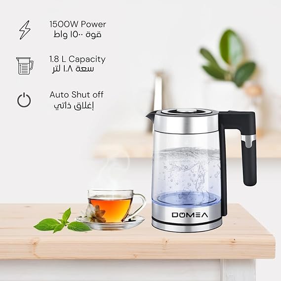 DOMEA Electric Glass Kettle, 1.8 Litre, 360° Rotational Cordless Electric Jug With Detachable Power Base, LED Illumination, Auto Cut-off Function, 1500 W, For Home & Office, 2 Year Warranty