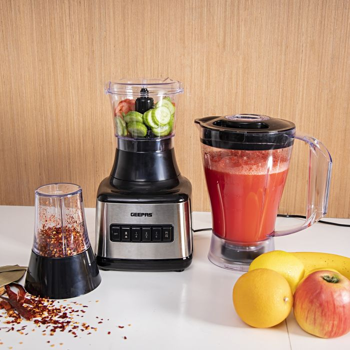 Geepas 500W 3 In 1 Stainless Steel Blender - 8 Speed Control , 1.5L Plastic Jar, 4 Sharp Blades & 2 Blending Preset Juicer- Mill & Chopping Blender, Anti-Slip Feet Design - 2 Year Warranty