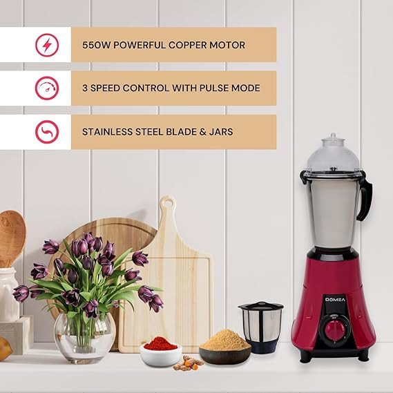 DOMEA Mixer Grinder, 550 Watts, Stainless Steel, 2 Jars, 3 Speed + Pulse, 1.5L Liquid Jar, 400ml Chutney Jar