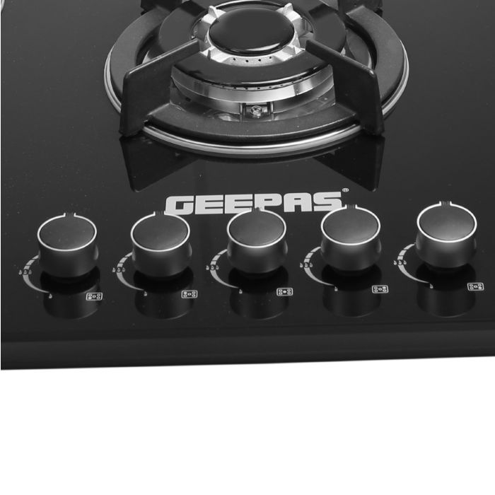 Geepas 5-Burner Gas Hob - Attractive Design, 8mm Tempered Glass Worktop - Automatic Ignition, 5 Heating Zones | ERGONOMIC DESIGN, STAINLESS STEEL BODY | 2 YEARS WARRANTY