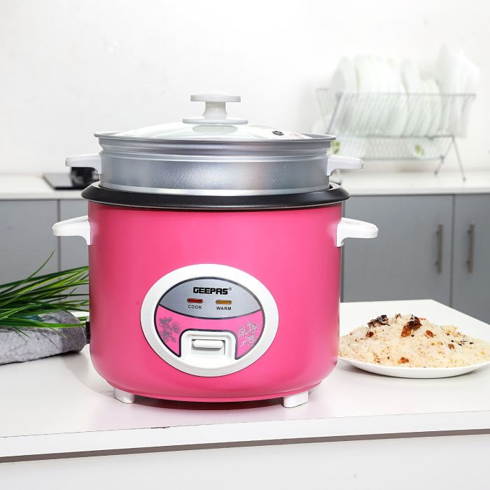 Geepas 1.8L Deluxe Ricer Cooker 700W - Non-Stick Inner Pot | Cook/Steam/Keep Warm Function| Make Rice & Steam Healthy Vegetables | 2 Years Warranty