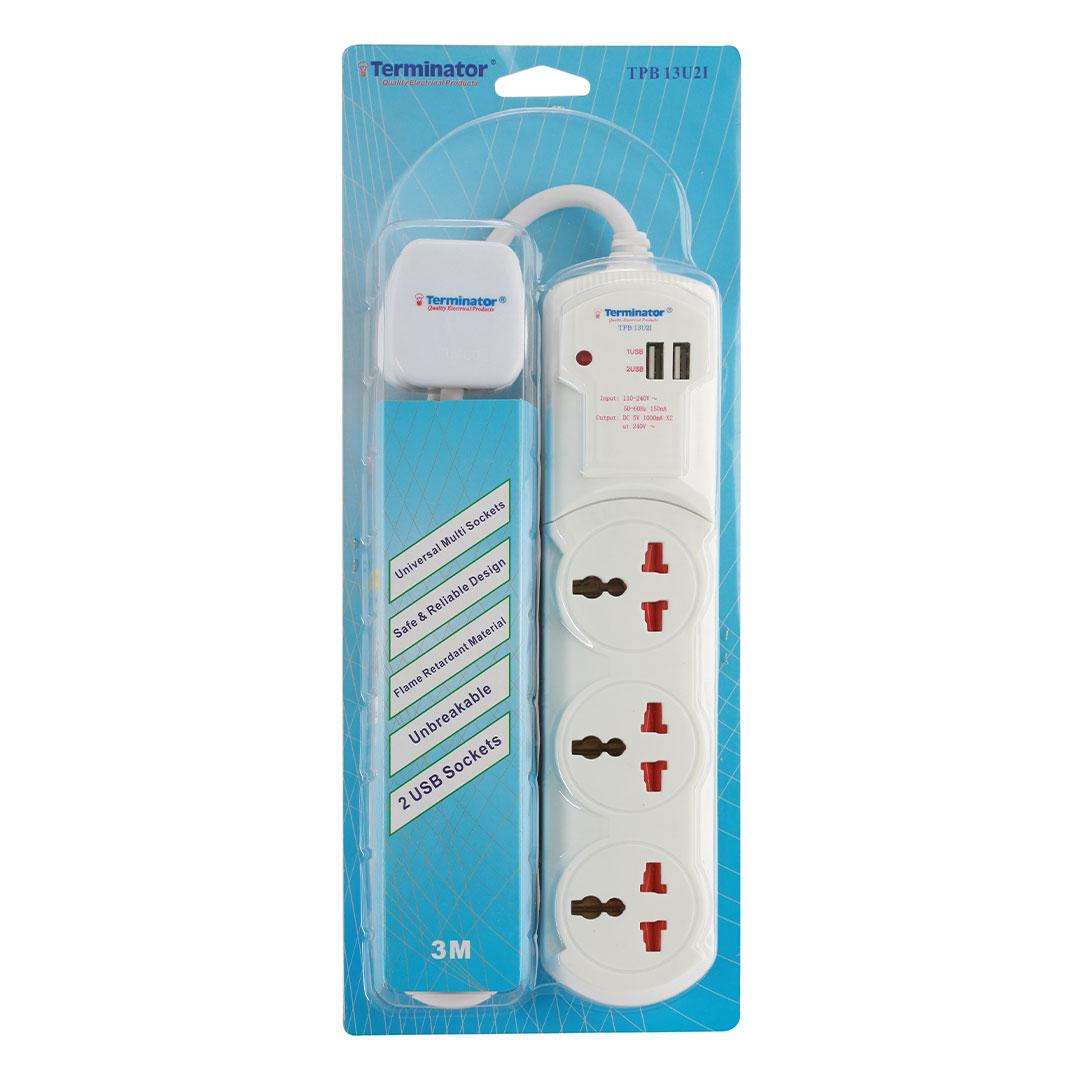 3 Way Universal Power Extension Socket 2 USB Socket 13A