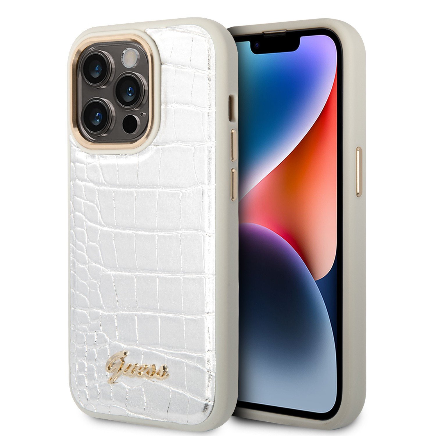 Guess Pu Croco Case With Metal Camera Outline For iPhone 14 Pro - Silver