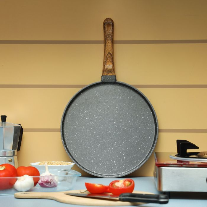 Pizza Pan, Granite Coated Die-Cast Aluminium, RF10767 | 5 Layer Construction | Strong Wood-Finish Bakelite Handle | Compatible With Gas, Hot Plate, Halogen, Ceramic