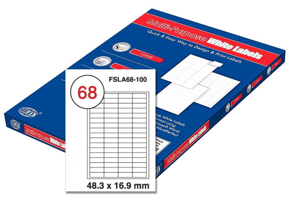FIS Multipurpose Laser Labels, Colour White, Size 48.3X16.9MM, (68 Sticker x 100 Sheet) A4 Size, E.U. Origin Material - FSLA68-100
