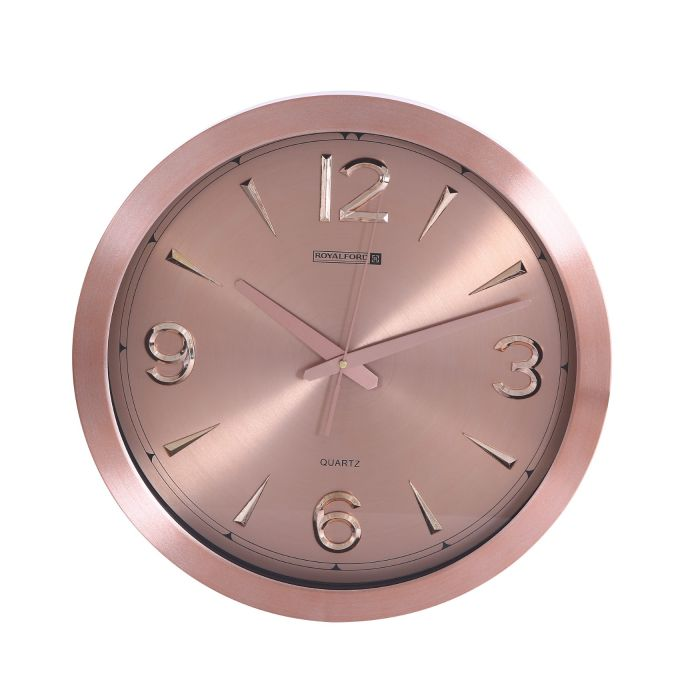 Royalford RF9280 Wall Clock With Aluminium Frame- Silent Sweep Motion, Numeral Clock, Round Decorative Wall Clock For Living Room, Bedroom, Kitchen Aluminium Frame Rose Gold