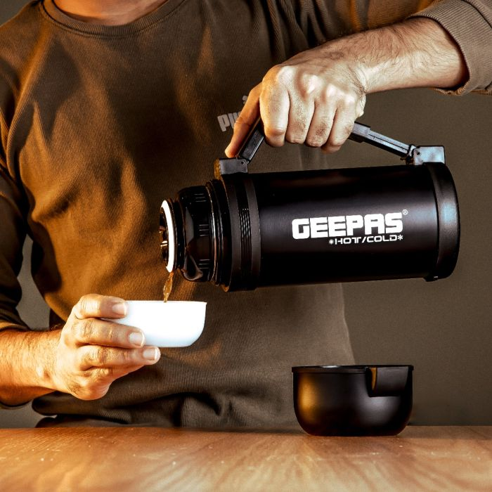 Geepas Vacuum Flask, 1.2L | Stainless Steel Vacuum Bottle Keep Hot & Cold Antibacterial Topper 7 Cup - Perfect For Outdoor Sports, Fitness, Camping, Hiking, Office, School