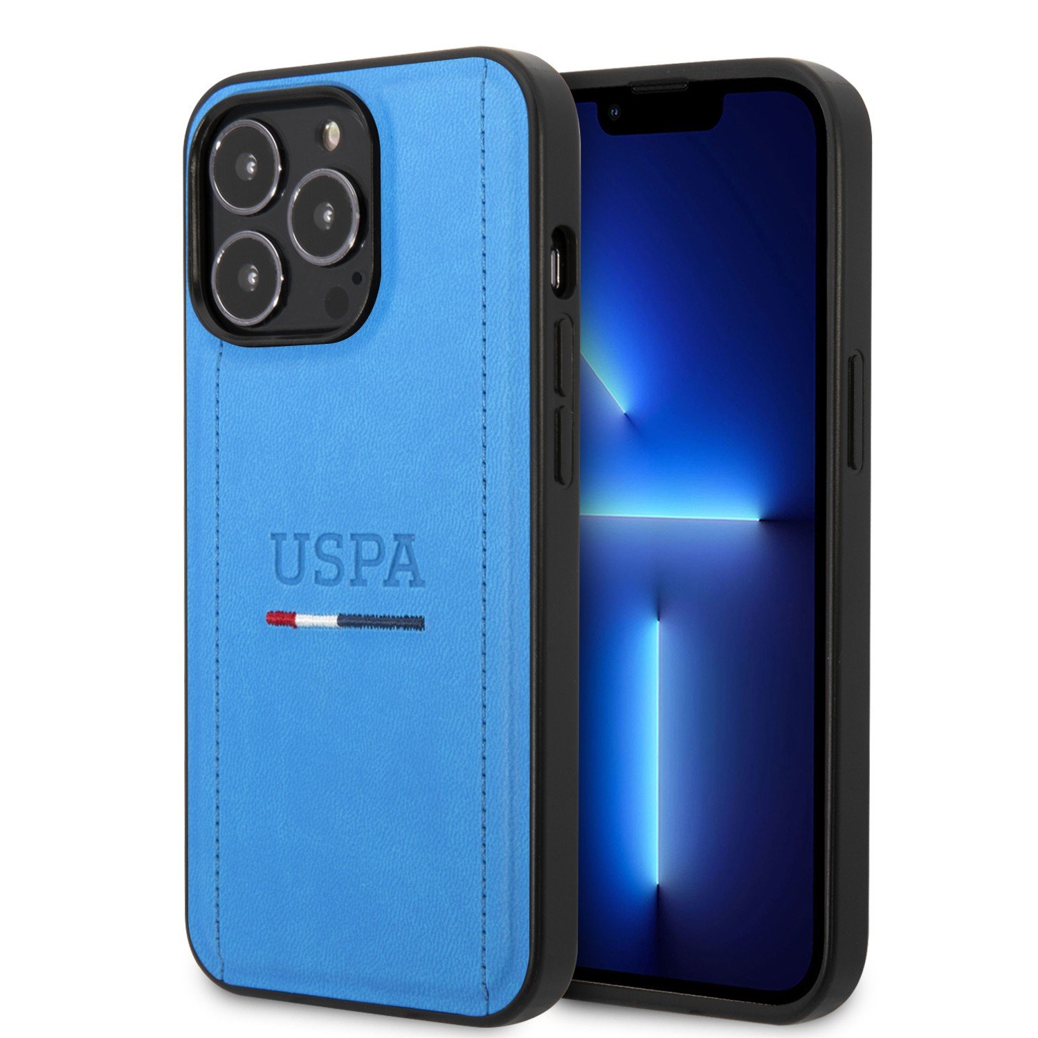 USPA PU Leather Case With Tricolor Stitches & Initials For iPhone 14 Pro - Blue