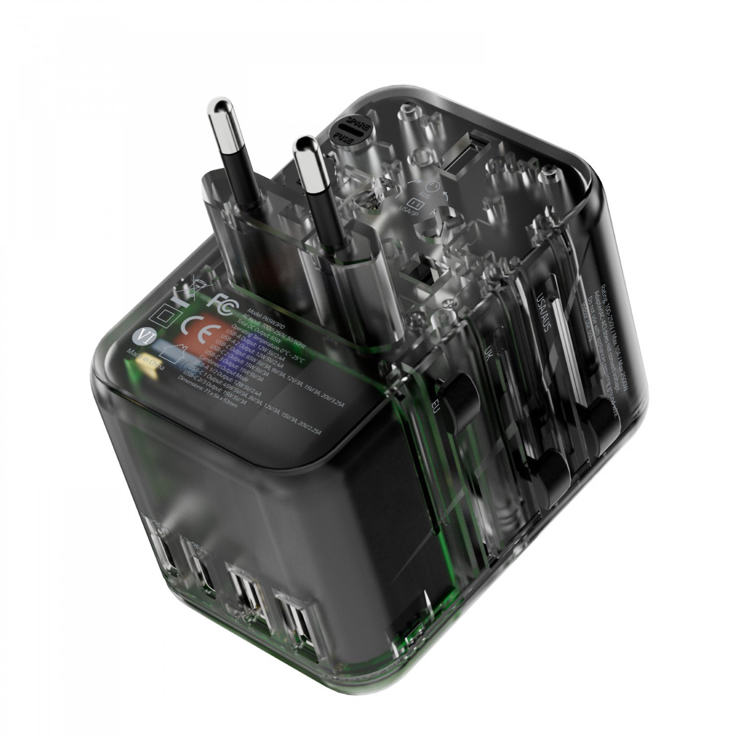 Powerology Universal Multi-Port Travel Adapter PD 65W ( 3X Type-C / 2X USB-A Ports ) - Transparent / Gray