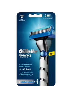 Mach3, Turbo 3D Razor, Handle + 2 Blades, Silver/Blue