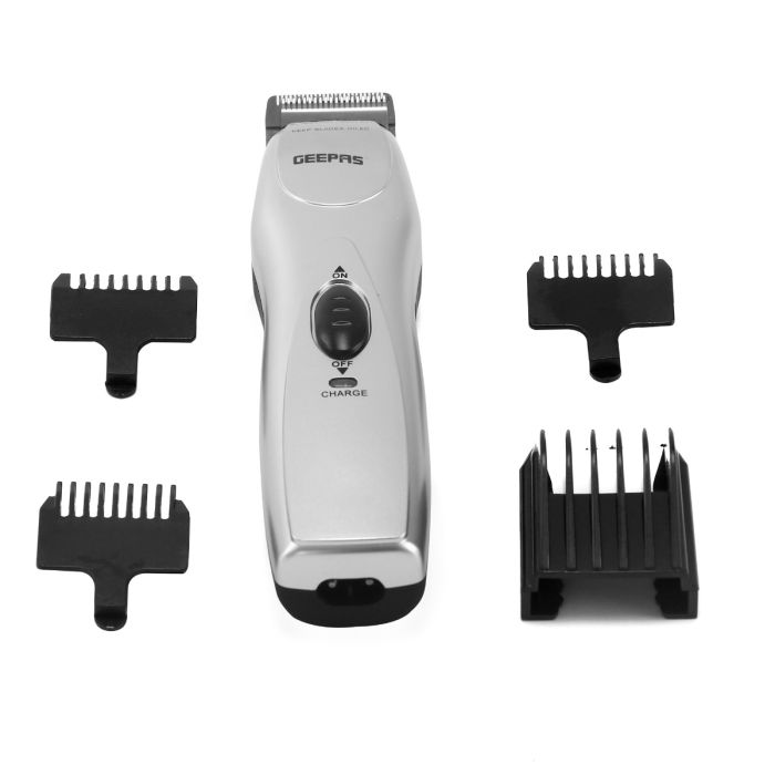 Geepas Rechargeable Trimmer 3W - Portable Comfortable Grip, Chromium Steel Blade, Cordless Operation, LED Charge Indication | Cordless Rechargeable Trimmer With 5 Combs & Charging Stand