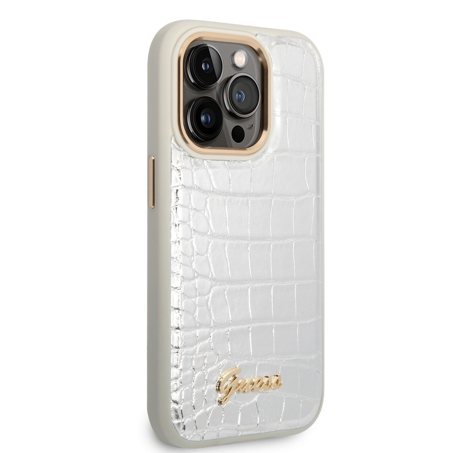 Guess Pu Croco Case With Metal Camera Outline For iPhone 14 Pro Max - Silver