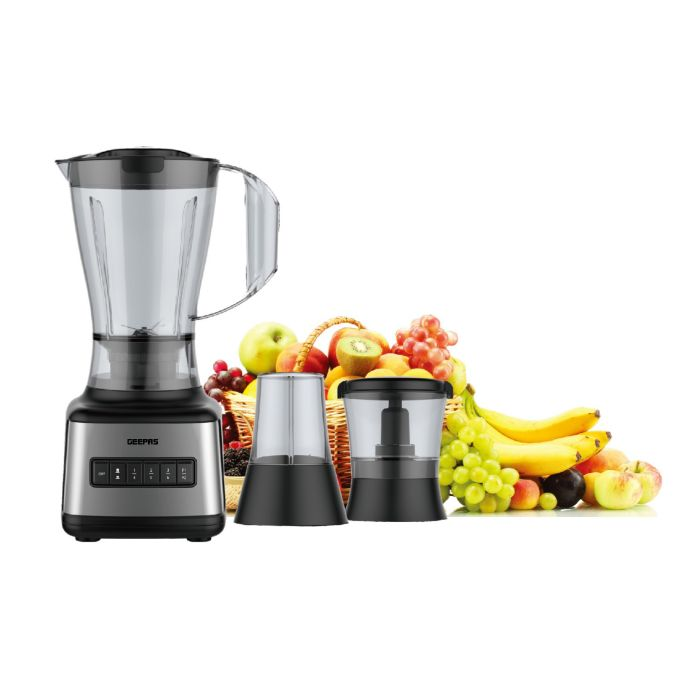 Geepas GSB44021UK 500W 3 In 1 Food Jug Blender With 1.5L BPA Free Jar | 4 Sharp Stainless Steel Blades With 8 Speed | Ice Crusher, Mill, Chopping, Coffee/Spice Grinder & Smoothie Maker - 2 Year Warran