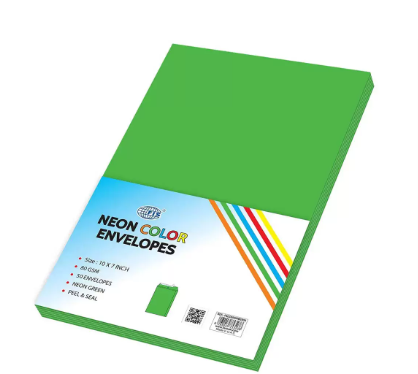 FIS Color Envelopes Peel & Seal, Neon Colors, Pack of 50 Pcs. Green Color, 10 x 7 Inch, 80 GSM - FSEC8033PBGR50