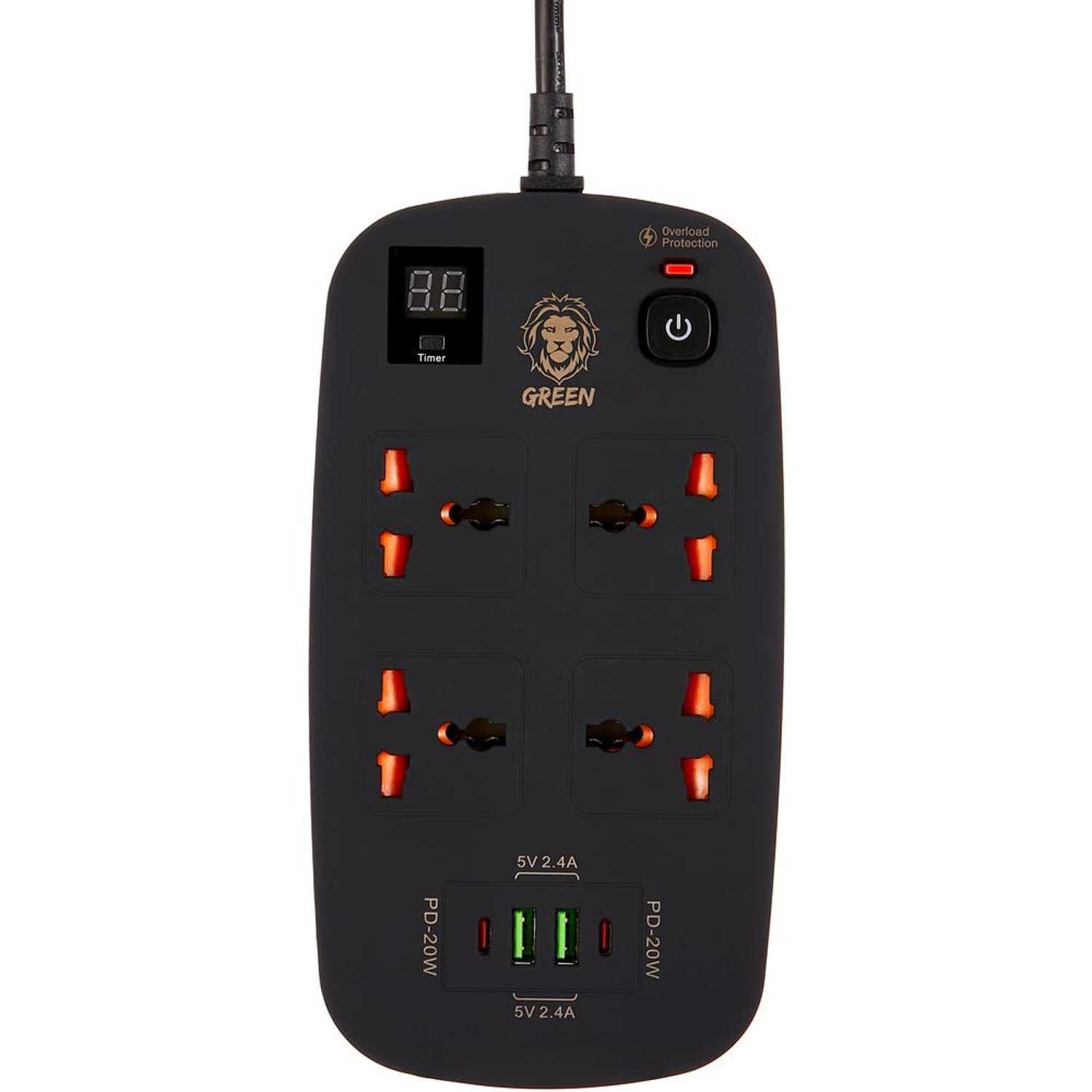 Green 4 AC 2 USB & 2 USB-C PD 40W Multiport Smart Power Socket 3500W 3M - Black