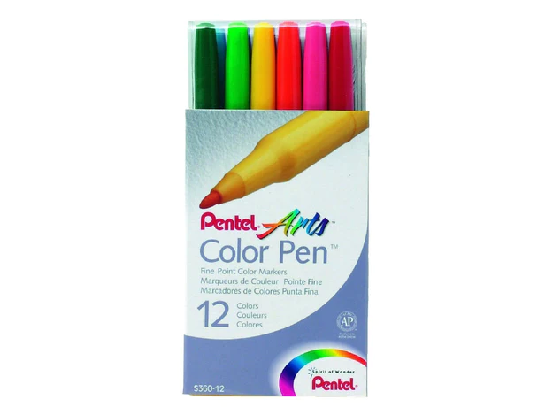 Pentel S360 Fibre Tip Color Pens, Assorted Colours (Pack of 12)